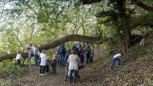 Families enjoying the woodland walk at Waddesdon Manor, Buckinghamshire